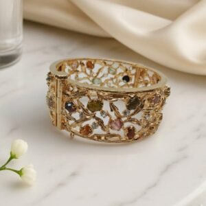 Elegant Gold-Masked Bangles Adorned with Multi-Color Stones