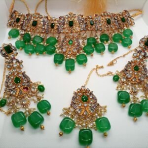 Green Elegance Kundan Jewellery set, Polki Stones